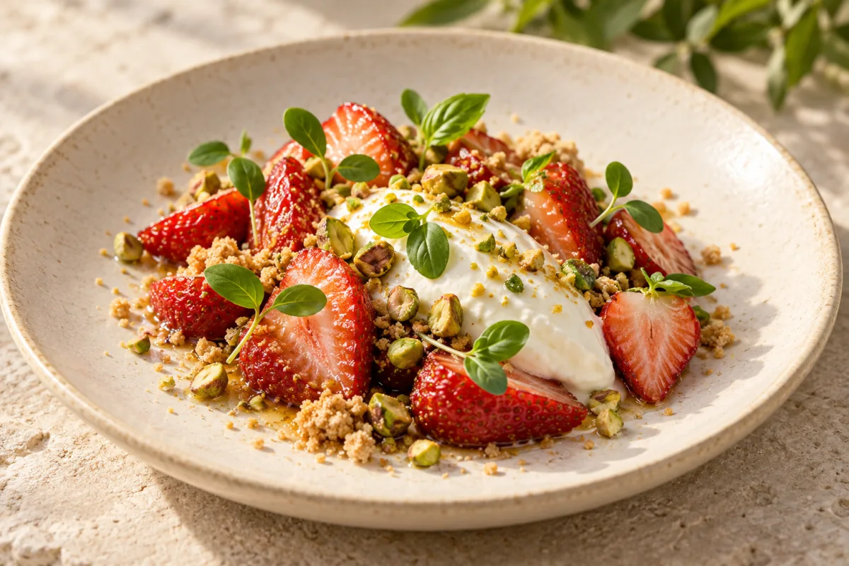 Illustration of strawberry, yoghurt and pistachio with green basil.