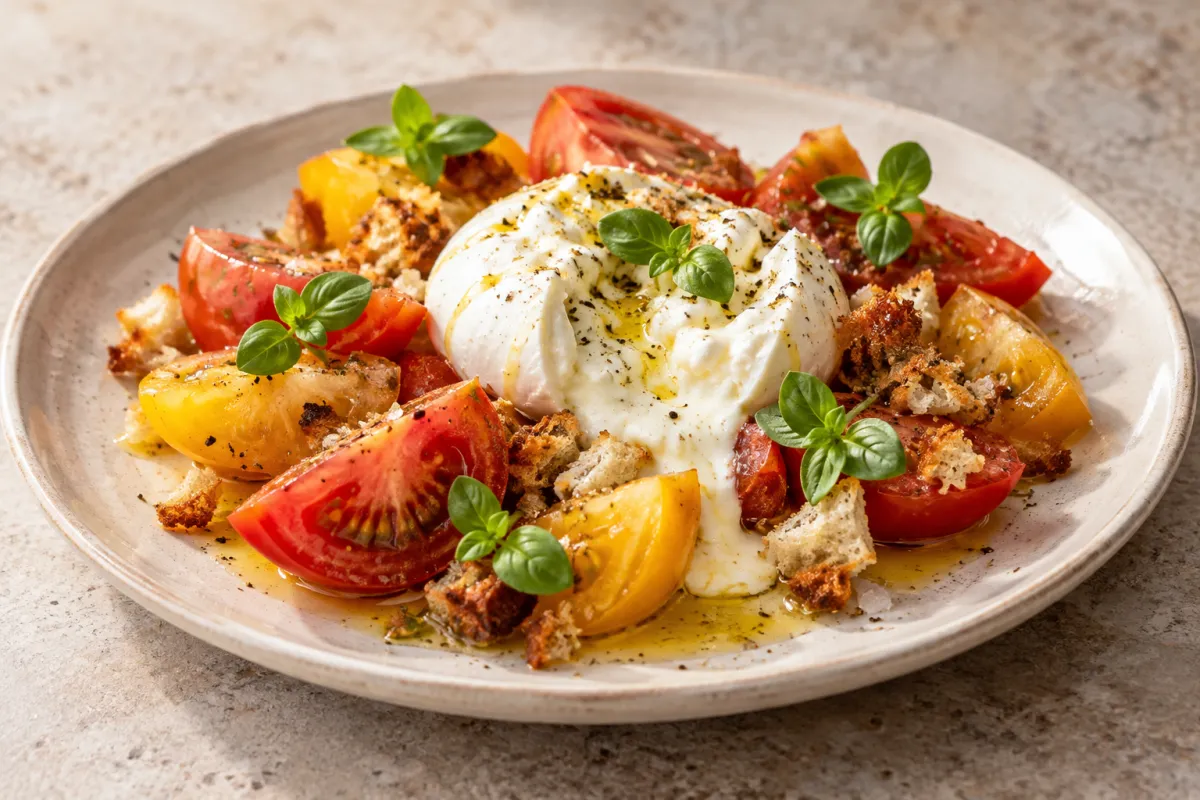 Tomate de temporada, burrata y albahaca verde. Propuesta de emplatado con Albahaca verde.