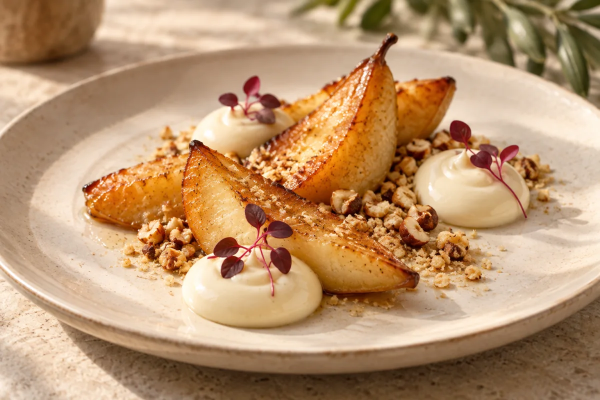 Illustration of roasted pear, white chocolate and Garnet Red.