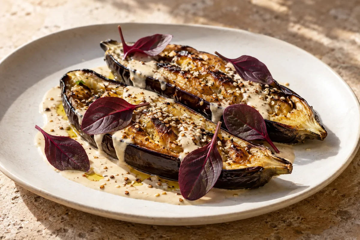 Berenjena asada, tahini y amaranto rojo. Propuesta de emplatado con Amaranto rojo baby leaf.