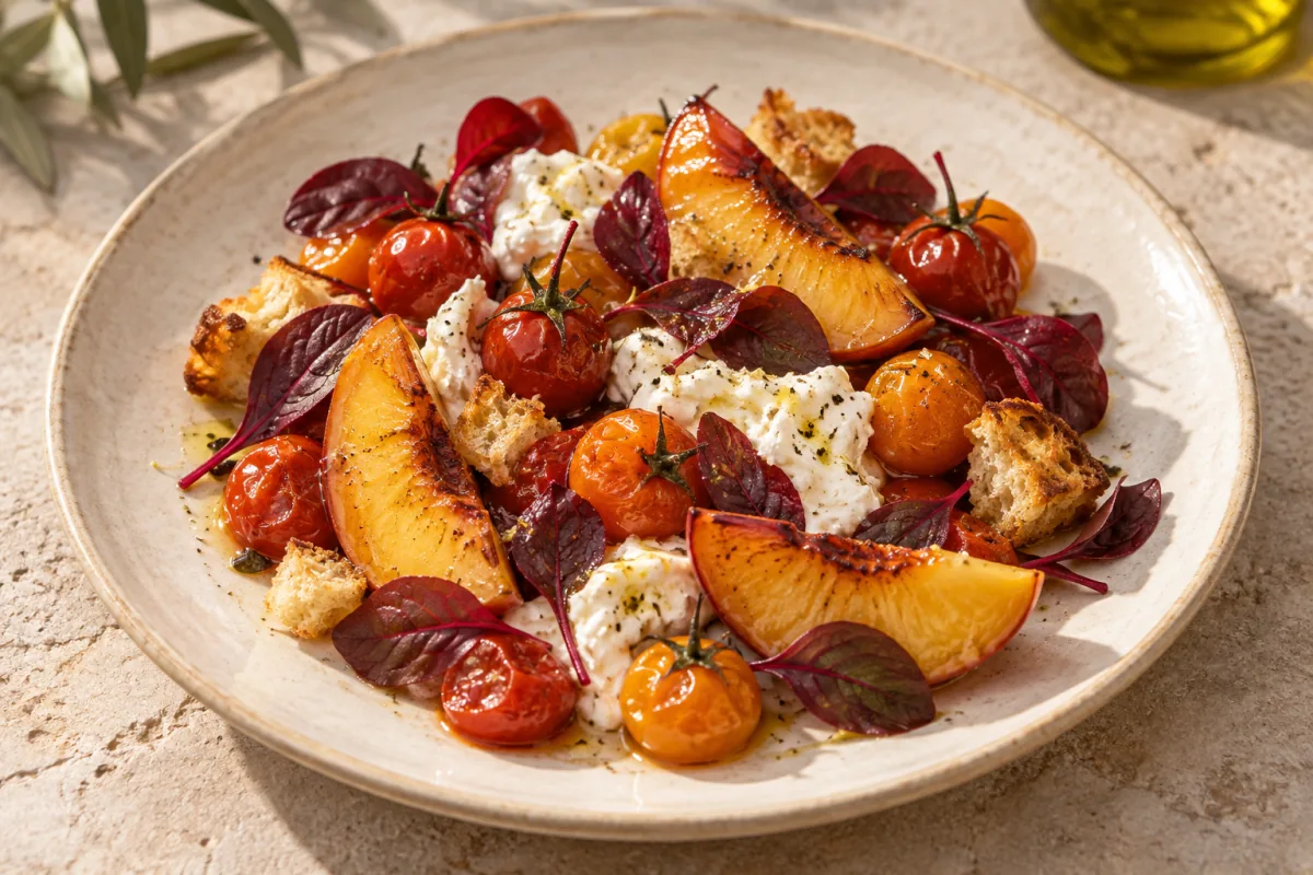 Illustration of tomato, peach and stracciatella with red amaranth.