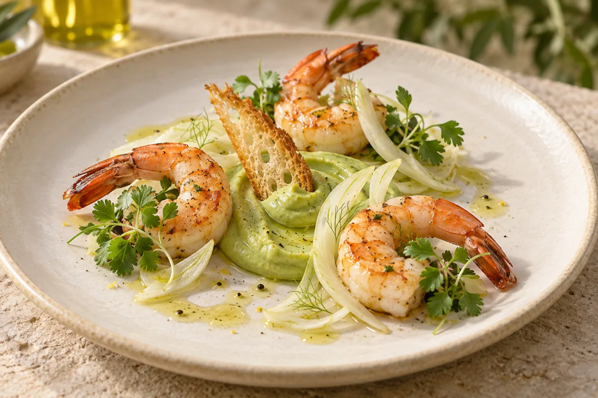 Illustration of king prawn, avocado and fennel with coriander.