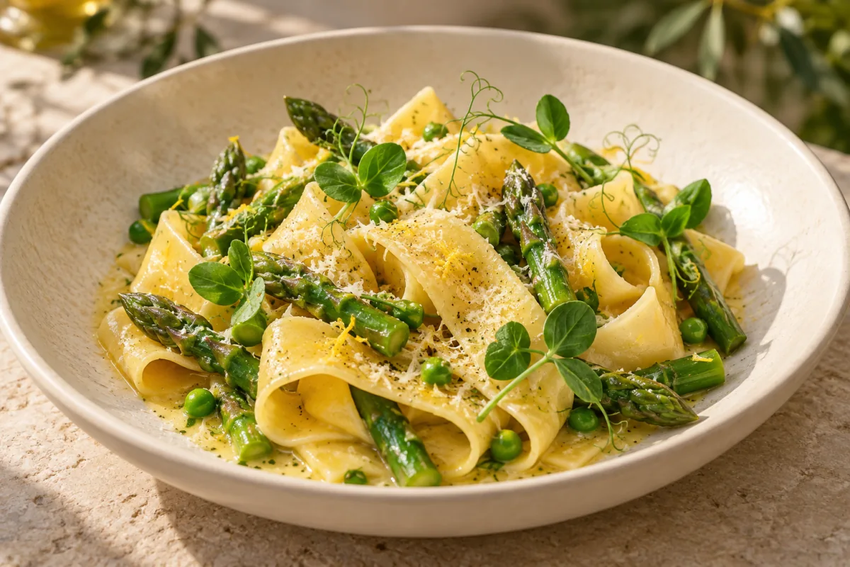 Illustration of lemon pappardelle, asparagus and Alderman shoots.