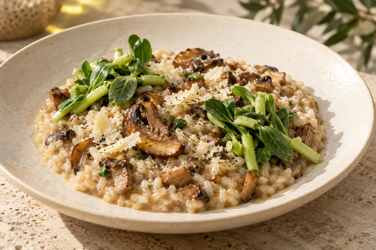 Illustration of mushroom risotto with Albina fava shoots.