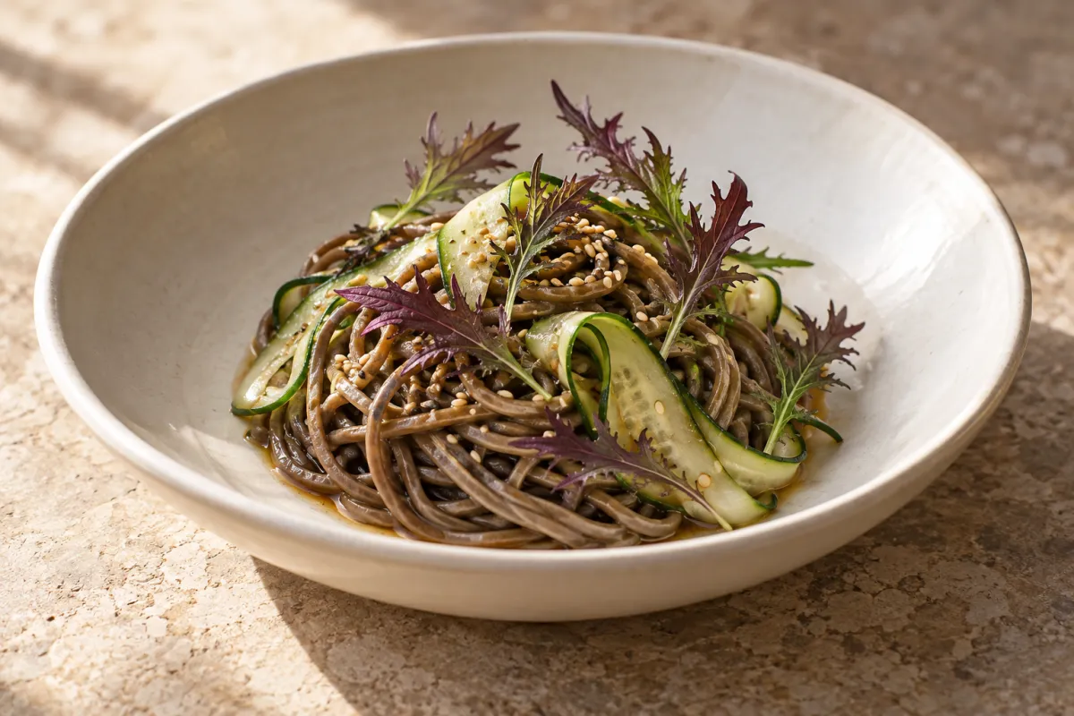 Soba fría, pepino y mizuna púrpura. Propuesta de emplatado con Mizuna púrpura ecológica.