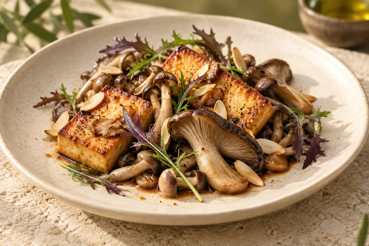 Illustration of golden tofu, mushrooms and purple mizuna.