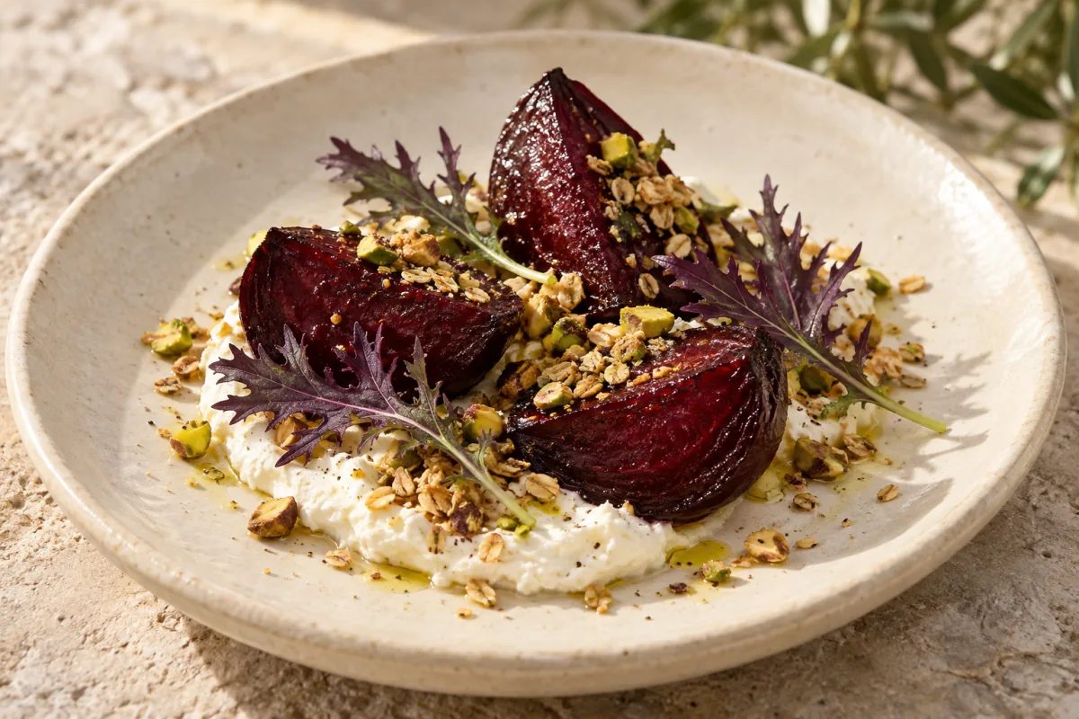 Illustration of beetroot, goat's cheese and purple mizuna.