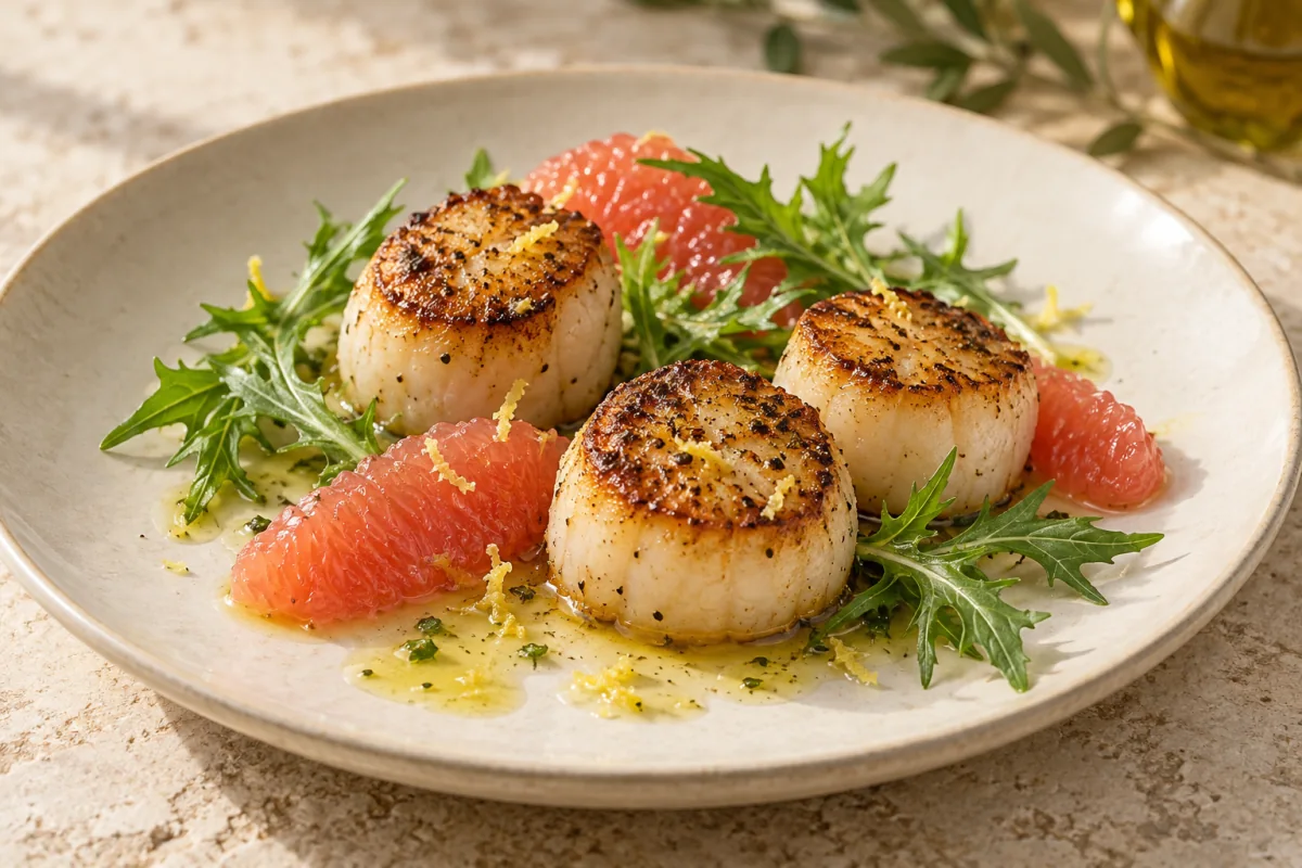 Illustration of seared scallops, grapefruit and green mizuna.