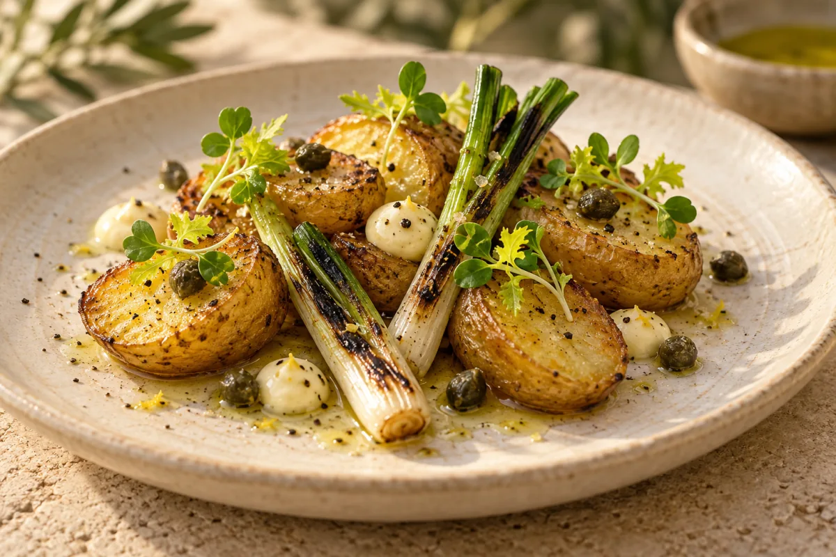 Illustration of new potatoes, charred spring onion and Golden Streaks.