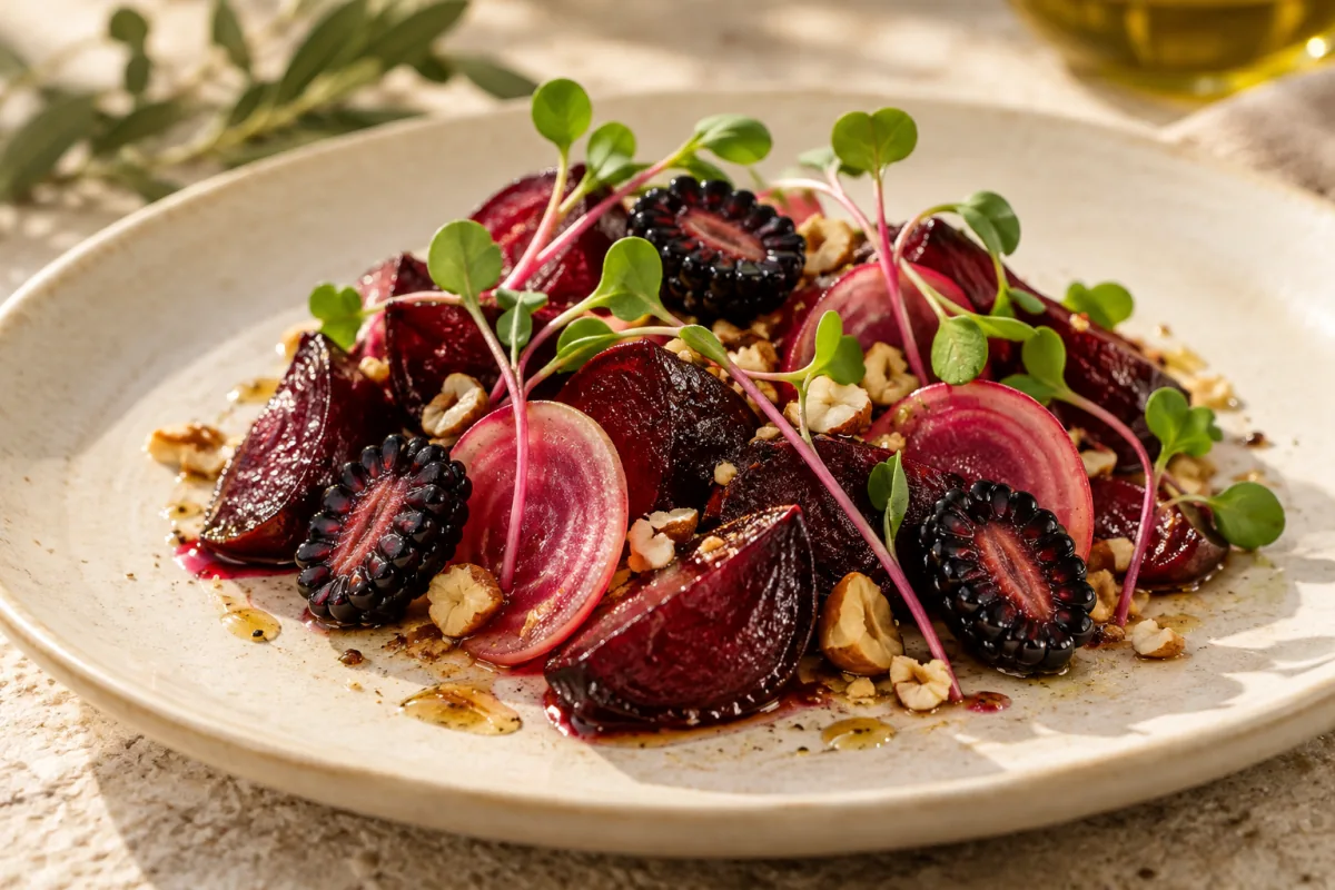 Illustration of roasted beetroot, blackberry and pink radish.