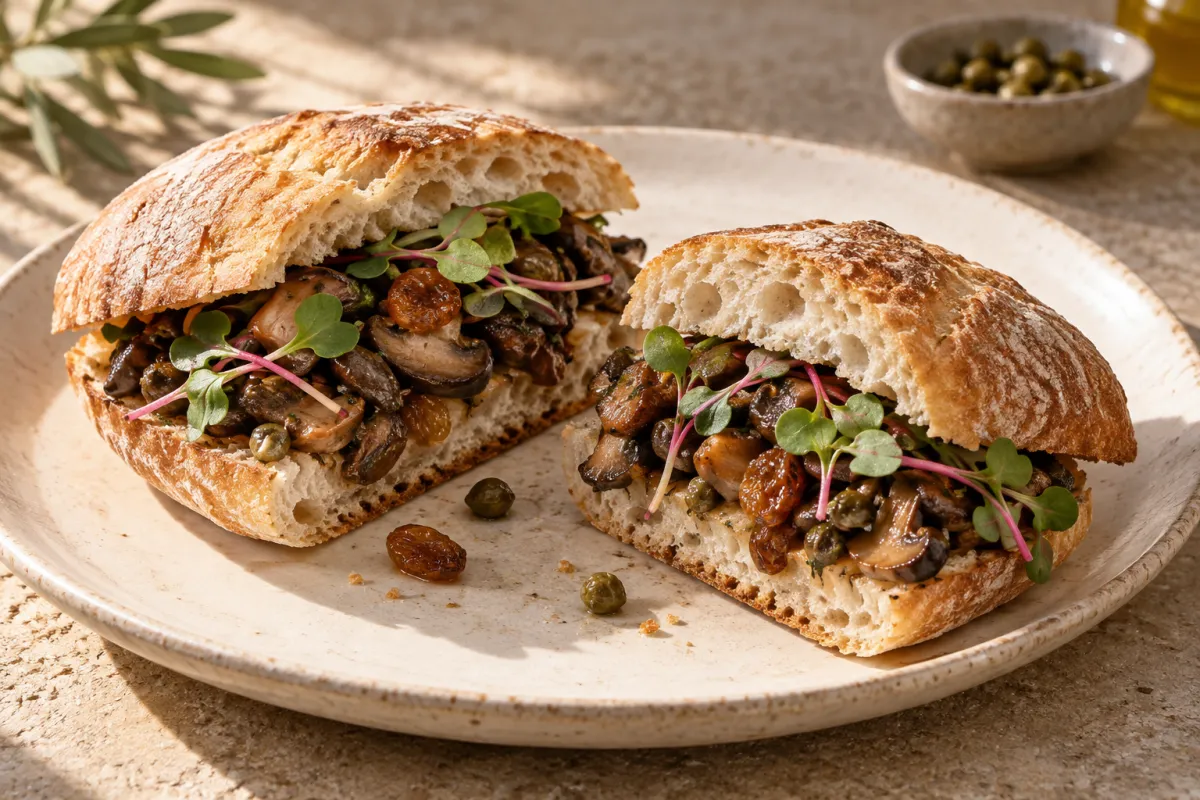 Ciabatta de setas, alcaparra y rabanito rosa. Propuesta de emplatado con Rabanito chino rosa ecológico.