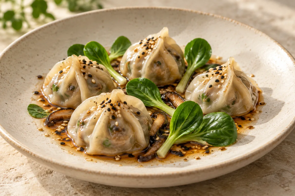 Illustration of shiitake dumplings, sesame and tatsoi.