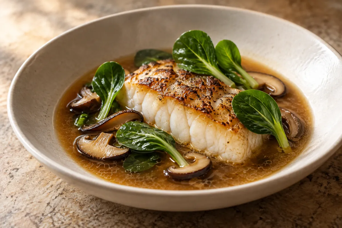 Bacalao, caldo de miso y tatsoi. Propuesta de emplatado con Tatsoi.